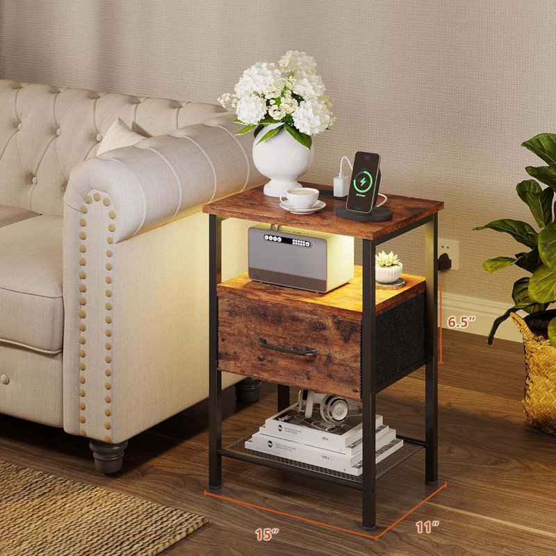 Night Stand, End Table With Charging Station, LED Bedside Table With Fabric Drawer For Bedroom, 3-Tier Side Table With Open Shelf, Rustic Brown