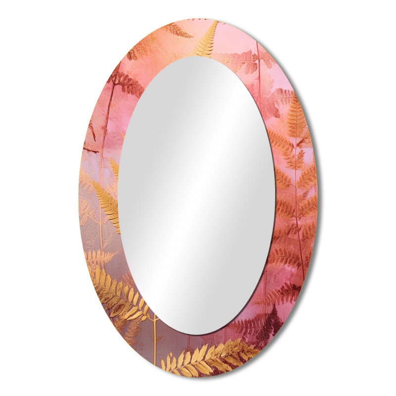 Fond de fougère doré rose - Miroir décoratif floral ovale sur métal, 36 po x 24 po