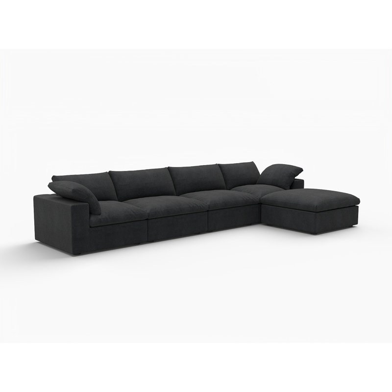 Canapé modulaire droit 160 po en mélange de lin noir avec repose-pieds et coussins décoratifs