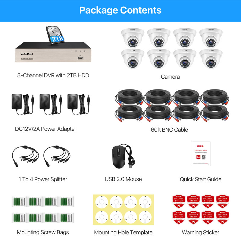 8CH 1080P Security System with 2TB HDD, 8 x 2MP Dome Outdoor Camera, Motion Detection, White