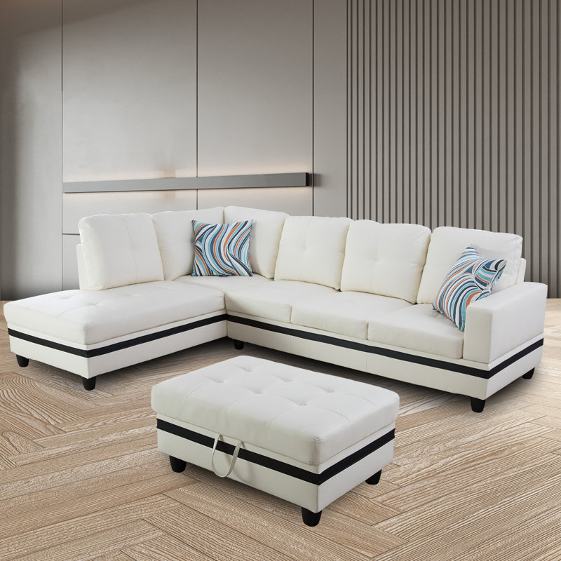 Elsiana 3 Piece Faux Leather Modular Living Room Set, Leather Couch Set, Left Hand Facing, Off White Faux Leather