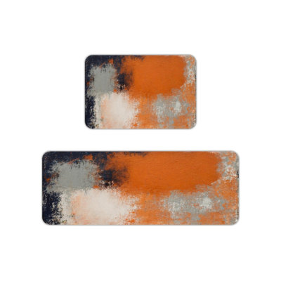 Orange Navy Abstract Kitchen Mats, Set Of 2 Bold Rugs For Kitchen & Hallway