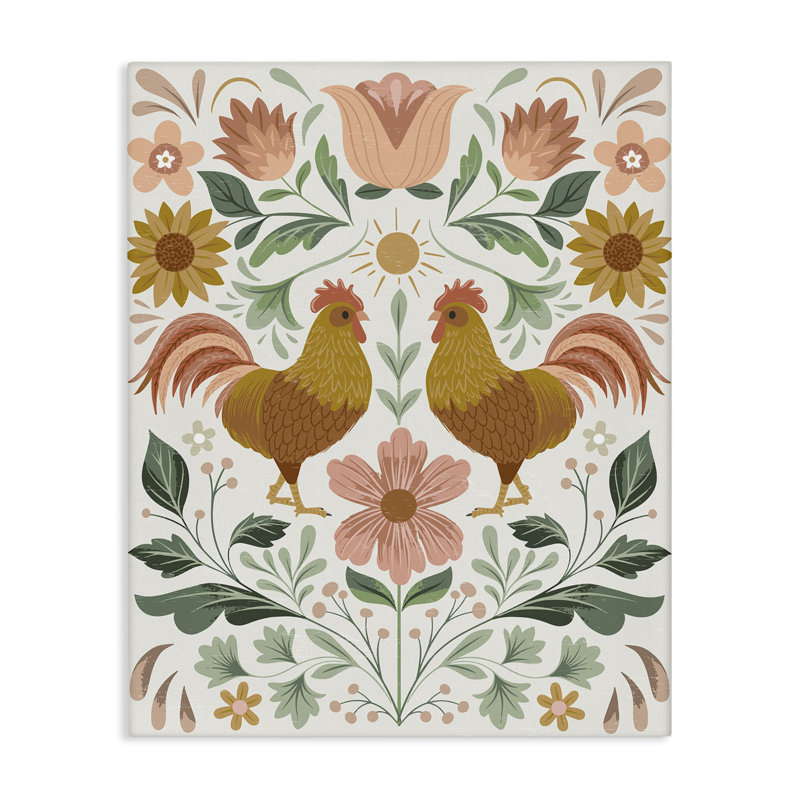 Poule et fleurs, art mural sur toile par Arrolynn Weiderhold, H 30 po x l 24 po