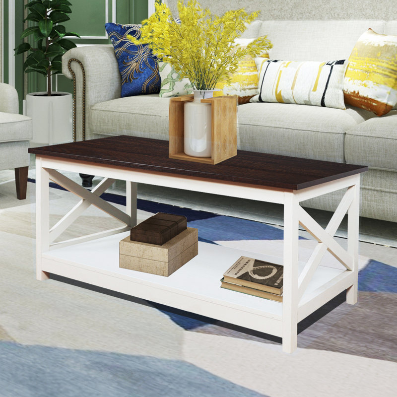 Table basse avec rangement Edwardson, Plateau espresso / base blanc rétro