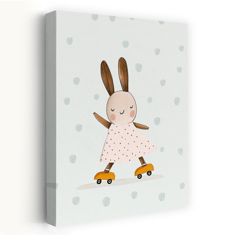 Happy Skating Bunny Playful Whimsical Contemporary Rabbit Forest Wall Art Print by Mathieu - Wrapped Canvas Print