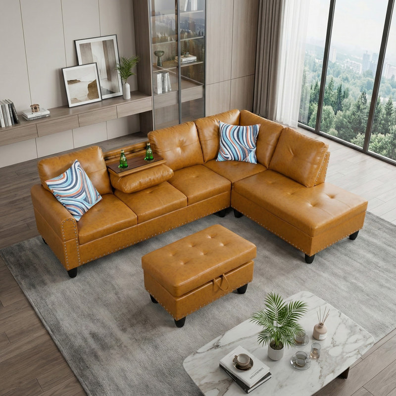 Canapé modulaire en similicuir avec rangement Ginger, Orienté à droite, Similicuir jaune