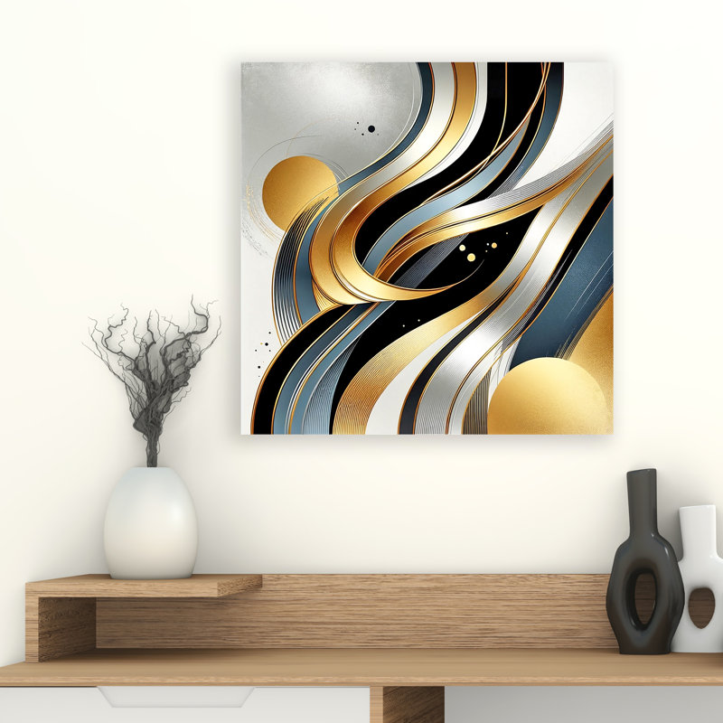 Orbiting Elegance - Art abstrait sur rayures dorées et bleu marine sur toile, H 20 po x l 20 po x P 1,5 po