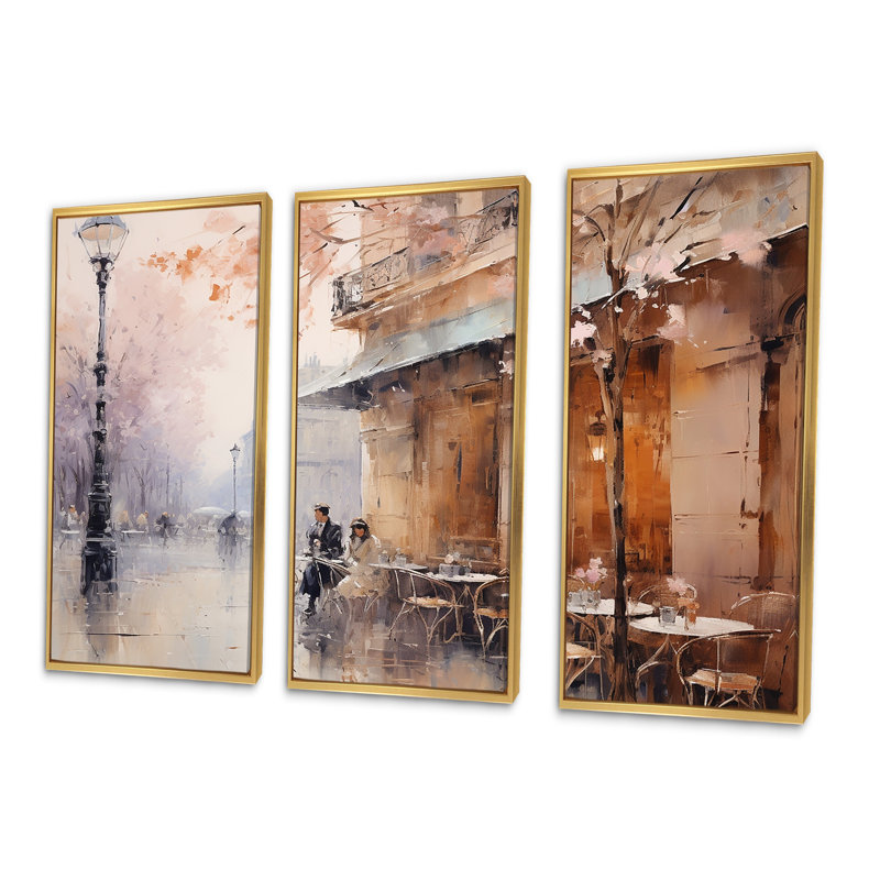 «Peach Impressionist Cafe In Paris - City Paris», ensemble d'art mural, H 40 po x l 60 po x P 1 po, Cadre flottant doré