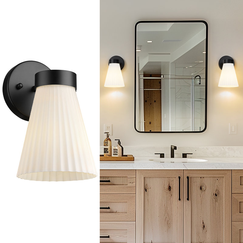 Applique à bras en acier avec abat-jour en verre rayé blanc laiteux givré, Noir