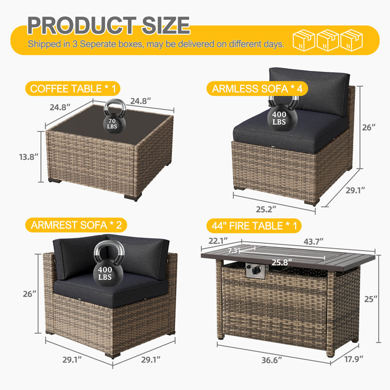 8-Piece Patio Furniture Set with Propane Gas Fire Pit Table, Black, Yellow