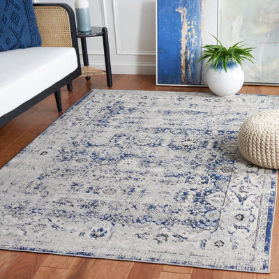 Tapis oriental en polyester tissé à la machine en gris / bleu