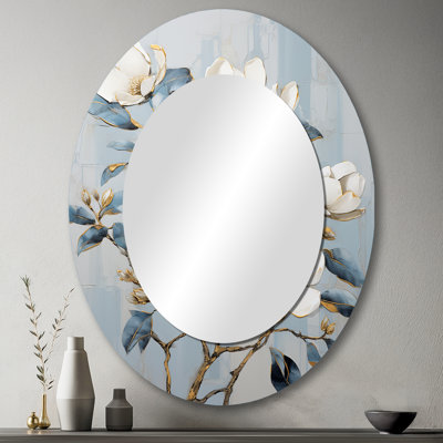 Minimalisme blanc et bleu Magnolias Florescence I - BLANC Miroir mural ovale traditionnel