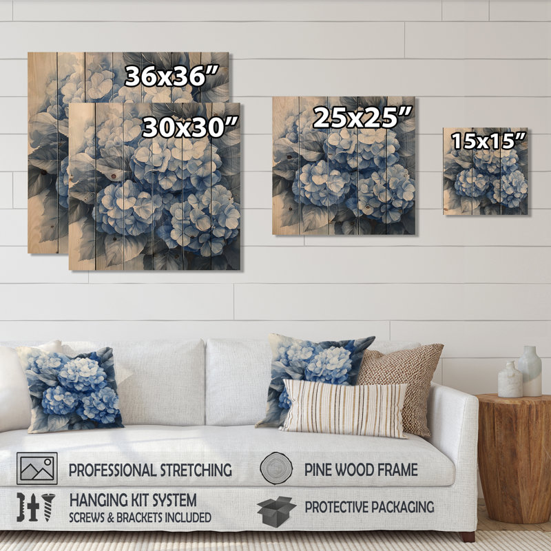 Hortensia grappe avec pétales bleus I - décoration murale en bois d'hortensia - sur bois de pin naturel