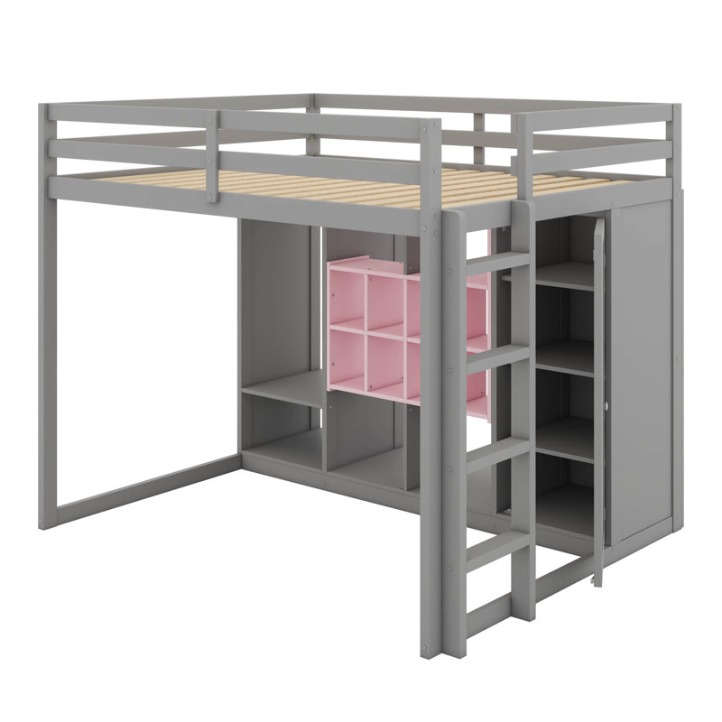 Lit mezzanine en bois pleine grandeur avec garde-robe, tablettes et armoire, cadre de lit multi-rangement peu encombrant