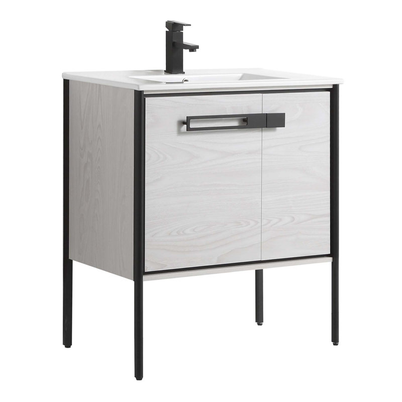 30" Single Bathroom Vanity, Matte Black, Mild Gray Oak