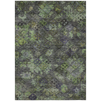 5' X 8' Green Charcoal And Black Floral Washable Indoor Outdoor Area Rug