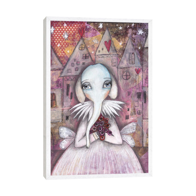 Elephant With Roses by Tamara Laporte - Print on Canvas, 66.04 cm H x 45.72 cm W, White Framed