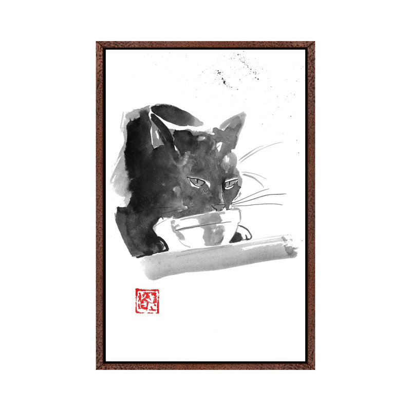 Drinking Cat 1 Piece Painting on Canvas, 101.6 cm H x 66.04 cm W, Classic Brown Wood Framed