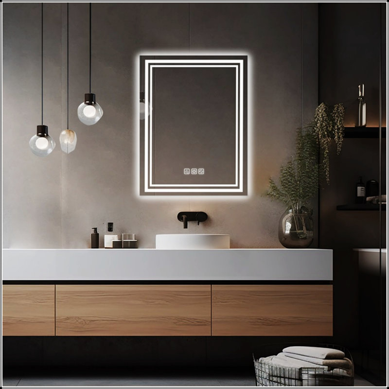 Miroir de salle de bain à DEL 36 po x 28 po à l'avant et à l'arrière, désembuage 5 minutes, miroir de meuble-lavabo mural 5 mm à réflexion intégrale HD, 3 couleurs à intensité variable, CRI90 +, fonction de mémoire (à brancher / câblé)