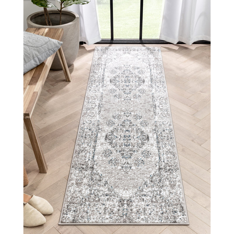 Dulcet Trieste Distressed Floral Medallion Pattern Ivory Grey Area Rug, Runner 2'3" x 7'3"