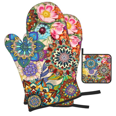 Ensembles de gants de cuisine Boho et porte-casseroles floraux, gants chauffants colorés résistants à la chaleur, coussins chauffants, articles de boulanger mignons, cadeaux de chef cuisinier pour les boulangeries, cadeaux de cuisine pour les amateurs de cuisine