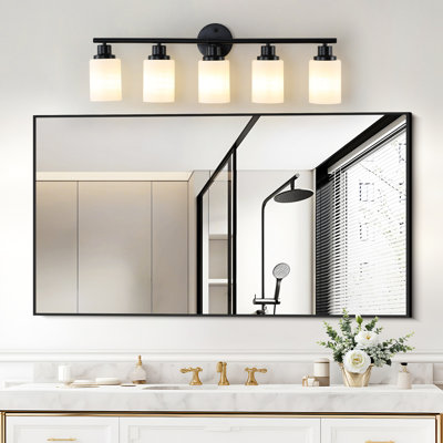 5- Miroir de chambre contemporain, verre blanc givré et cadre en fer noir pour salle de bain
