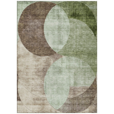 3' X 5' Artichoke Green Brown And Beige Geometric Washable Indoor Outdoor Area Rug