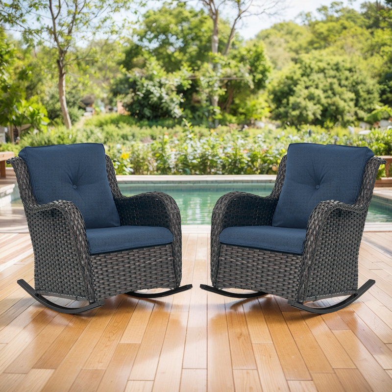 Wendye Comfortable PE Rattan Wicker Outdoor Rocking Chair Set, Blue, Brown