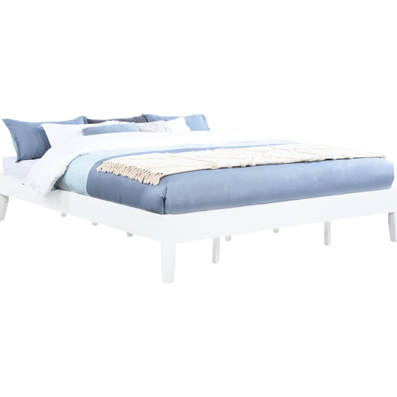 King Bed Frame, White Universal Platform, Slatted Support, Pine And Headboard Feature Bed, Adjustment