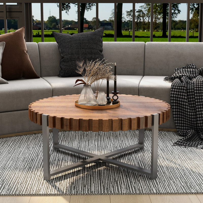 Table basse 31,4 po ronde, grain de bois naturel avec base en métal moderne, multi-usage pour le salon