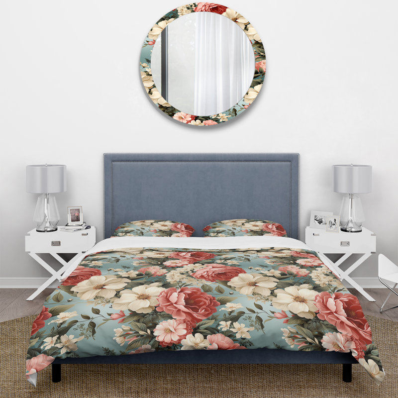 Antique Floral Pink Peony Garden I - Ensemble de housse de couette rétro, Housse de couette pour grand lit et 2 taies décor