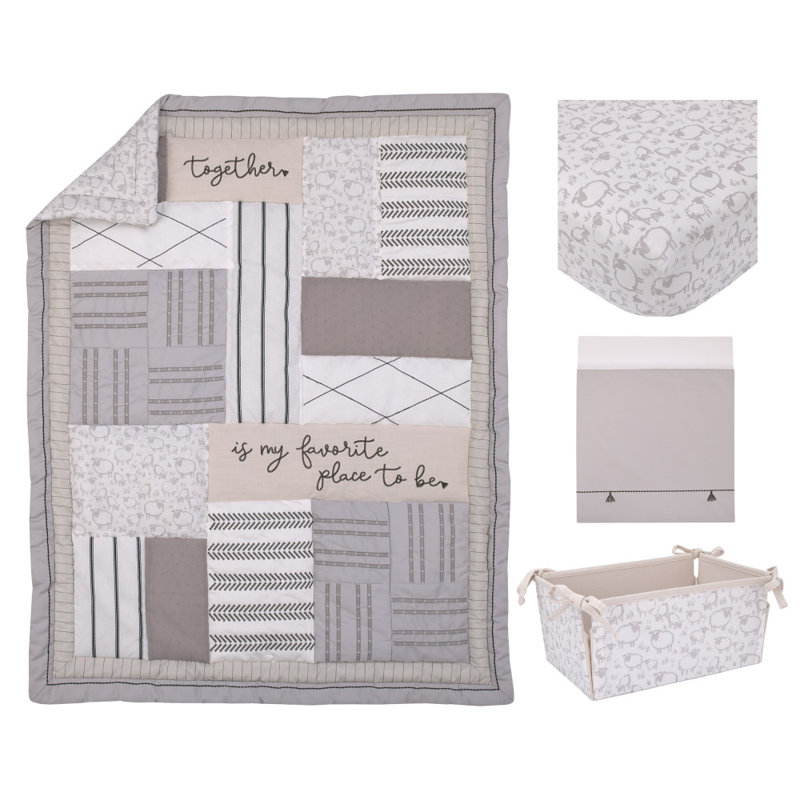 NoJo Together is Better White, Gray, and Taupe Stripes and Dots 4 Piece Nursery Crib Bedding Set 