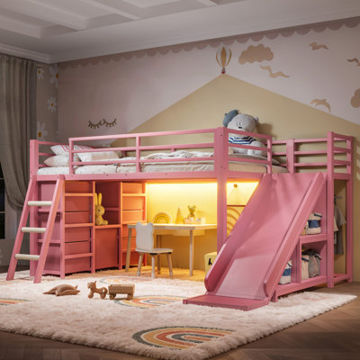 Twin Size Metal Loft Bed with Slide & Ladder, Metal Loft Bed with Storage Drawers and Hanging Area Metal Bed Frame with LED strip for Kids Teens