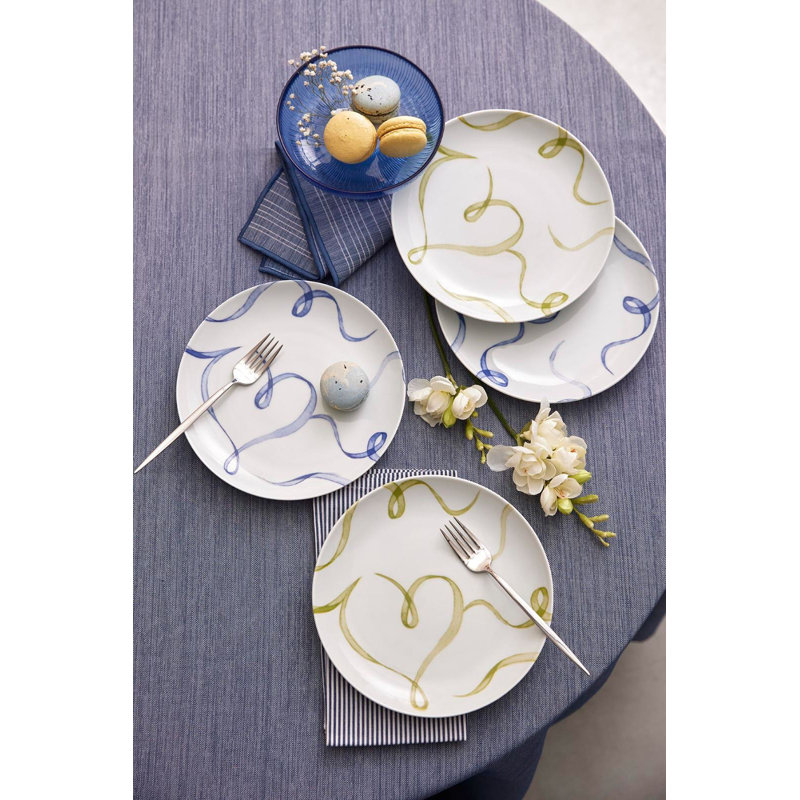 Porcelain Cake Serving Set (4 Pieces), Abstract, Blue/Green