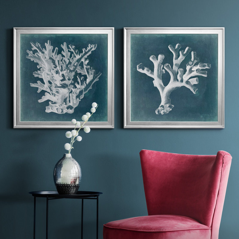 Azure Coral I - ensemble de 2 cadres photo sur toile, H 22,5 po x l 45 po x P 1,5 po, Toile avec cadre argenté
