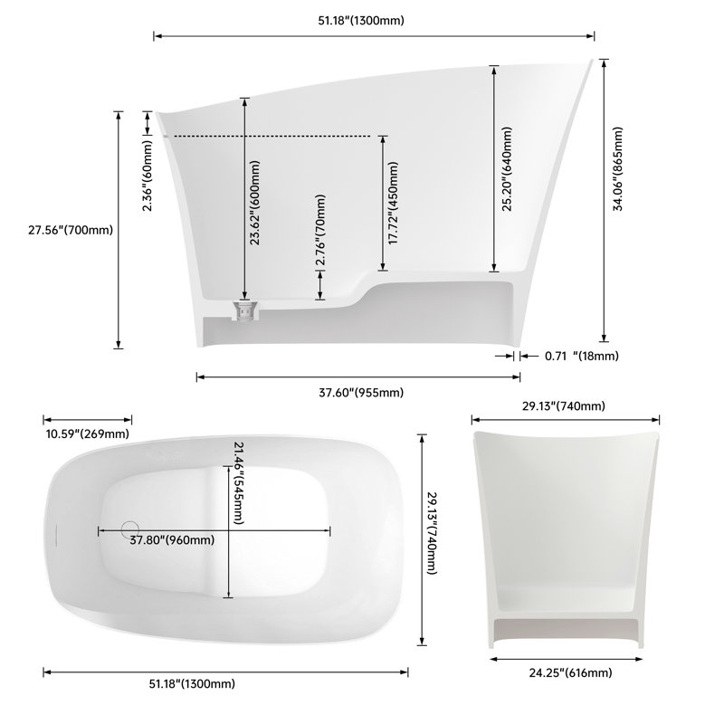 51 Inch Solid Surface Soaking Bathtub - Deep Soak Freestanding Tub
