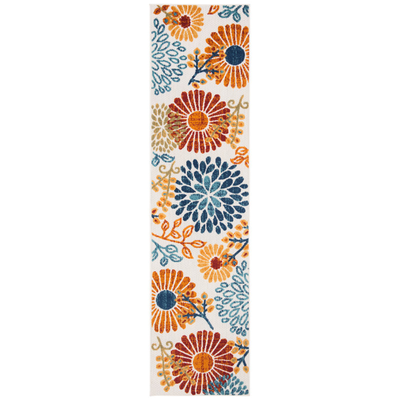 Kellems Performance Floral Indoor/Outdoor Area Rug, Runner 2' x 18', Blue/Orange/Cream