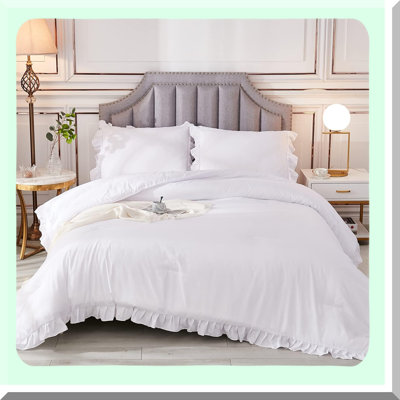 White Farmhouse Ruffle Oversized Queen(98x98Inch) Comforter Set - 3 Piece Solid Shabby Elegance Bedding - Lightweight Down Alternative Bed Set for Adults - All Season Soft