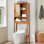Armoire de rangement de 68 po de hauteur au-dessus de la toilette, organisateur de salle de bain autoportant en bois avec porte coulissante en rotin, profil courbé et tablette réglable, tablette de rangement au-dessus de la toilette