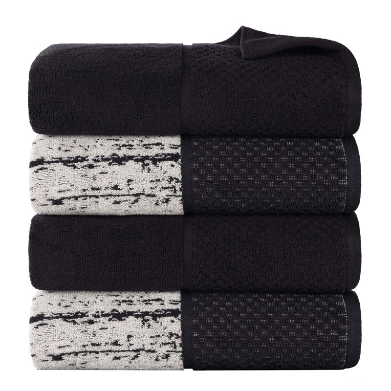 Serviette de bain en coton jacquard Lodie, Noir / Ivoire