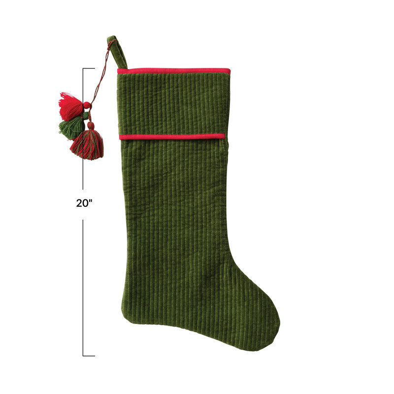 Chaussette de Noël en velours de coton matelassé à pampilles, Vert