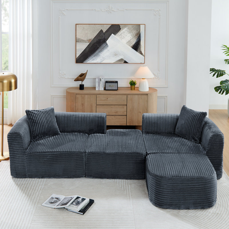 Canapé modulaire en L 114 po sans méridienne avec méridienne et canapé rembourré 114 po., Gris