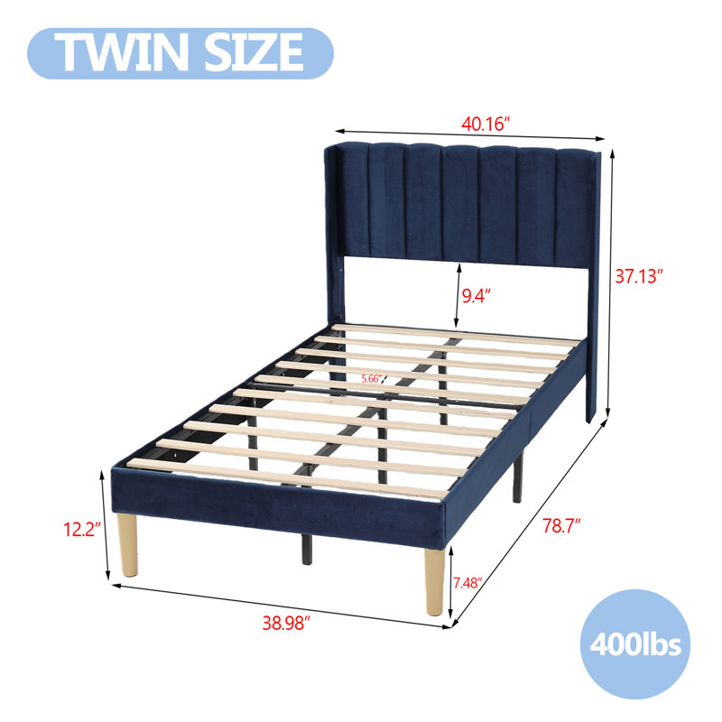 Structure de lit plateforme tapissier avec oreilles, Lit simple, Bleu