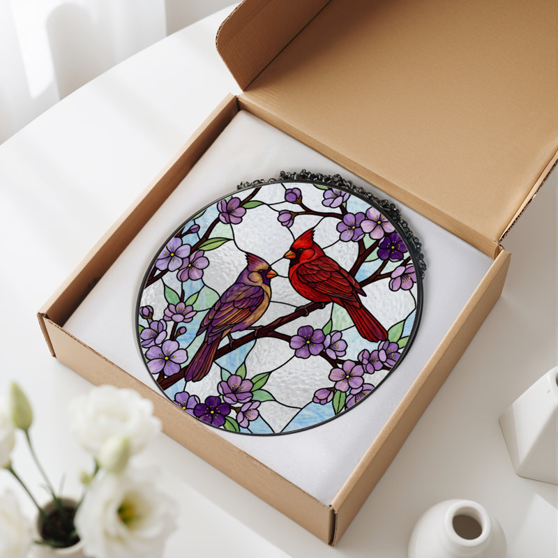 12"H Cardinal Blossom Stained Glass Window Panel, 12" H x 12" W