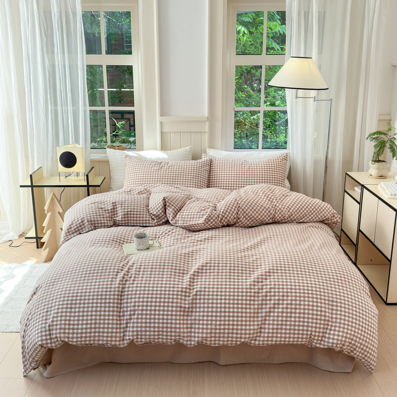 Ensemble de housse de couette en coton délavé à carreaux, Housse de couette grand et 2 taies d'oreiller stan, Beige