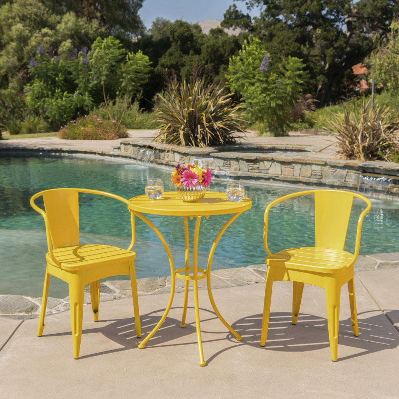 Mobilier de jardin bistro en fer jaune - 3 pièces en métal KD résistant