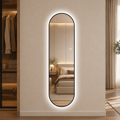 65" x 18" Capsule-Shaped Dimmable LED Full Length Wall Mirror with Black Frame