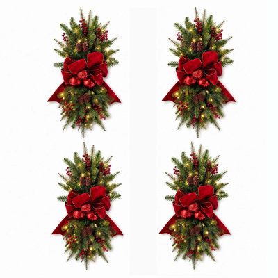 4PCS Pre-Lit Christmas Teardrop Swag for Front Door, Artificial Door Swag with Red Bow Berries Pinecones, Winter Holiday Decor