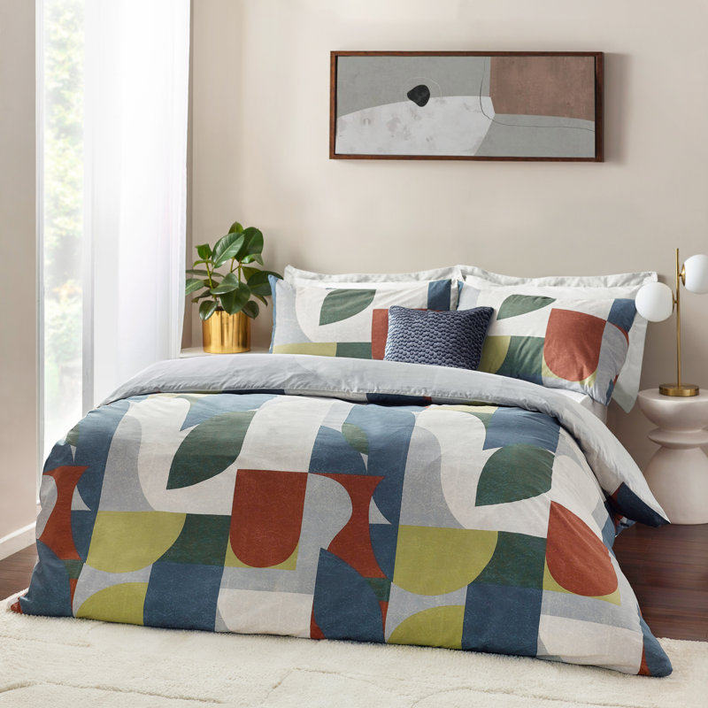 Ceijay Cotton Blend Geometric Bedding with Pillowcases, Kingsize Duvet Cover + 2 Standard Pillowcases 