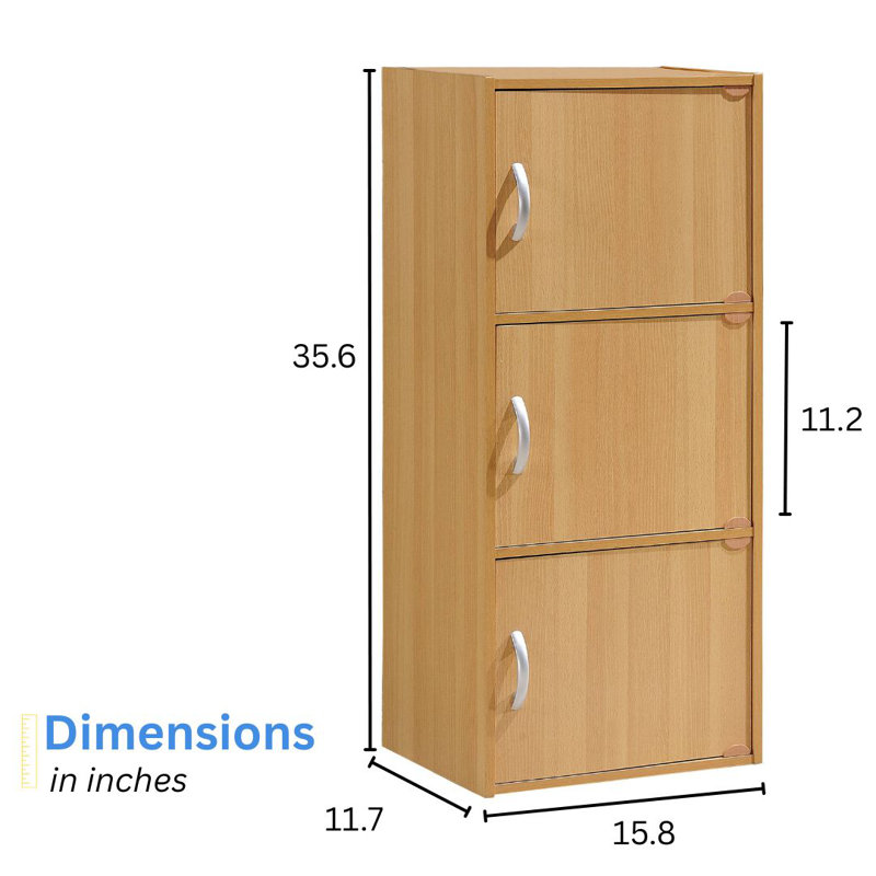 3-Doors, 3-Shelf Bookcase 35.6 in. Tall Enclosed Storage 3-Tier Bookshelf for Home or Office, Beech